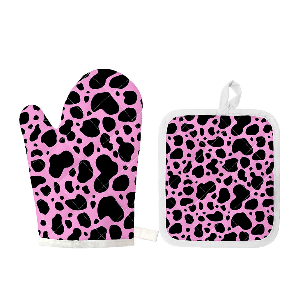 Black And Pink Cow Print Oven Mitt And Pot Holder Set