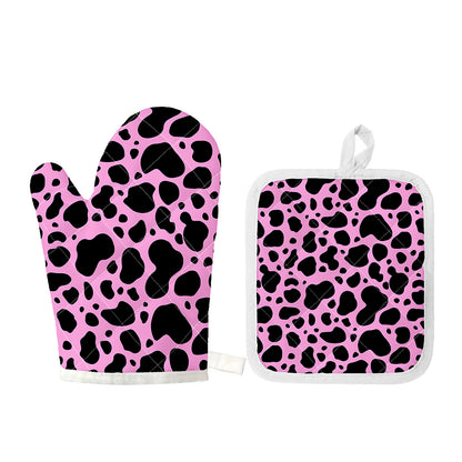 Black And Pink Cow Print Oven Mitt And Pot Holder Set