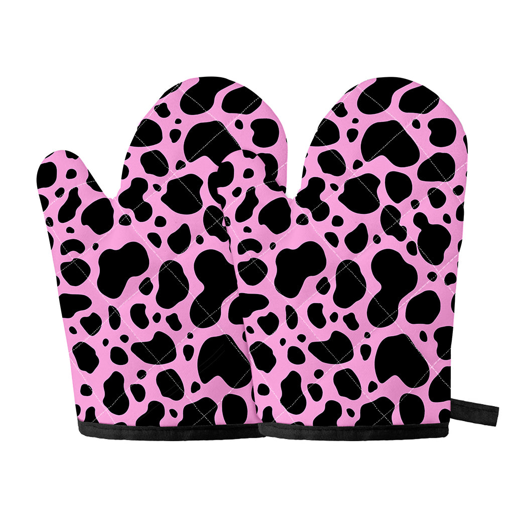 Black And Pink Cow Print Oven Mitts