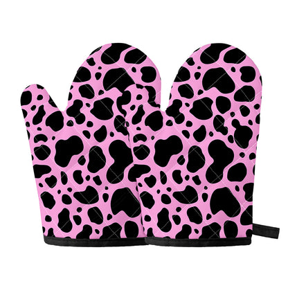 Black And Pink Cow Print Oven Mitts