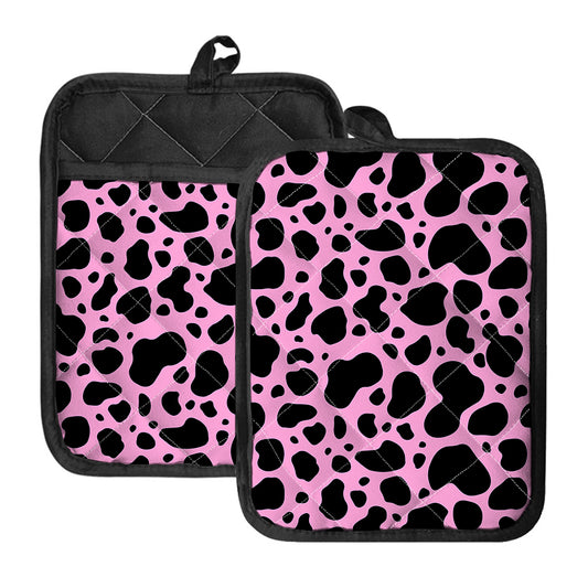 Black And Pink Cow Print Pot Holders With Pocket
