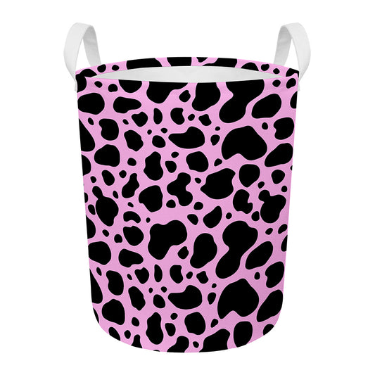 Black And Pink Cow Print Round Laundry Basket