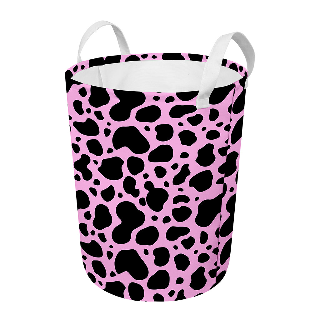 Black And Pink Cow Print Round Laundry Basket