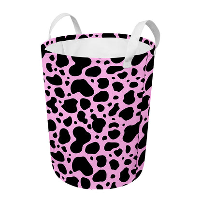 Black And Pink Cow Print Round Laundry Basket