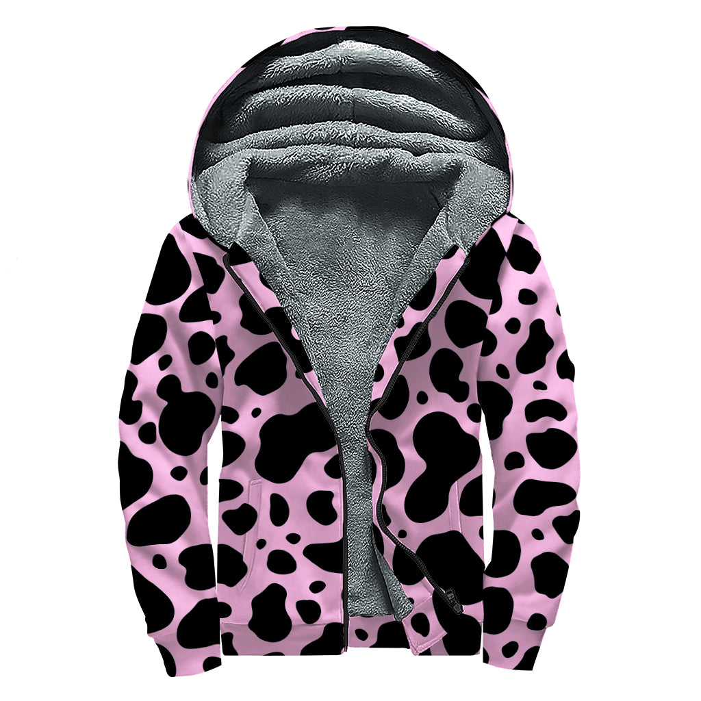 Black And Pink Cow Print Sherpa Lined Zip Up Hoodie