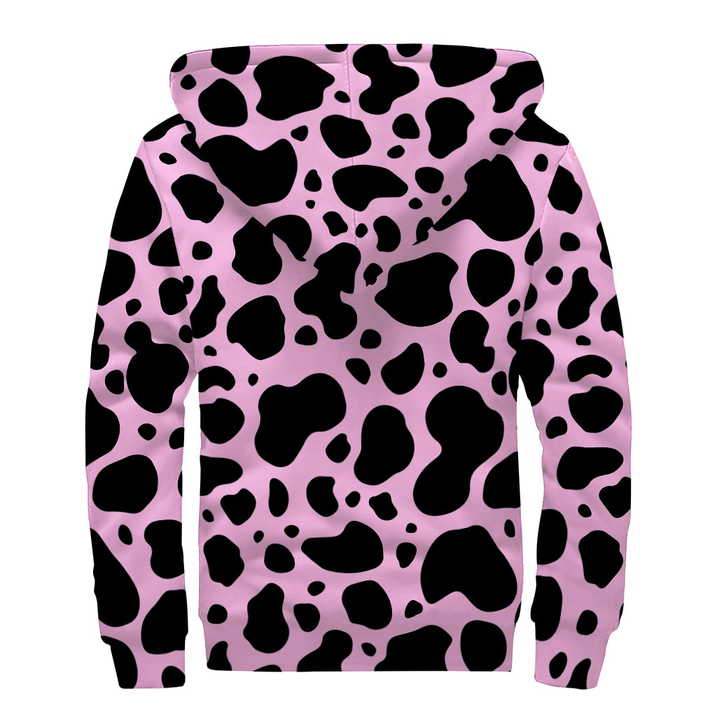 Black And Pink Cow Print Sherpa Lined Zip Up Hoodie