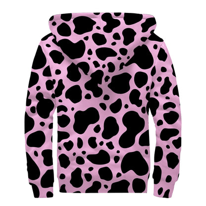Black And Pink Cow Print Sherpa Lined Zip Up Hoodie