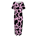 Black And Pink Cow Print Short Sleeve Long Nightdress