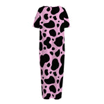 Black And Pink Cow Print Short Sleeve Long Nightdress