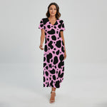 Black And Pink Cow Print Short Sleeve Maxi Dress