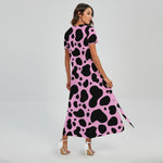 Black And Pink Cow Print Short Sleeve Maxi Dress