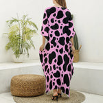 Black And Pink Cow Print Silk V-Neck Kaftan Dress