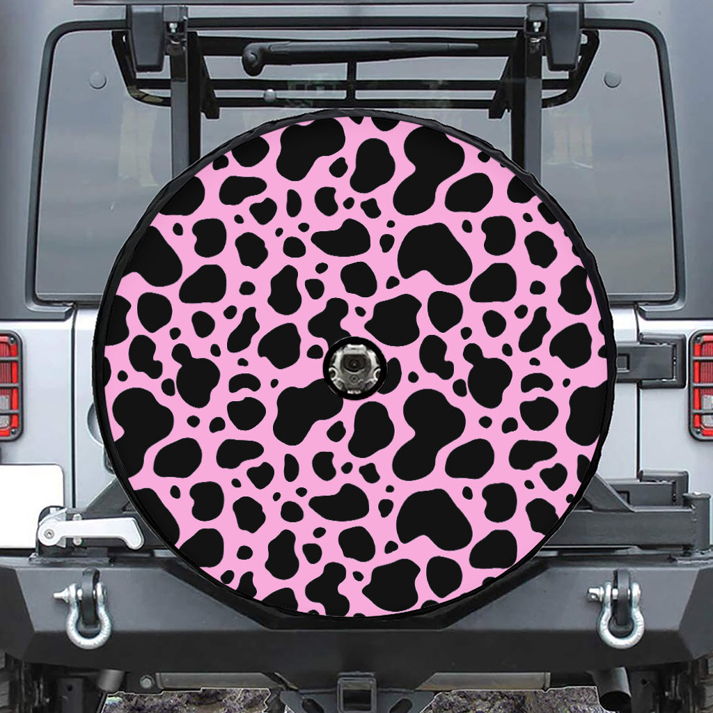 Black And Pink Cow Print Tire Cover With Camera Hole