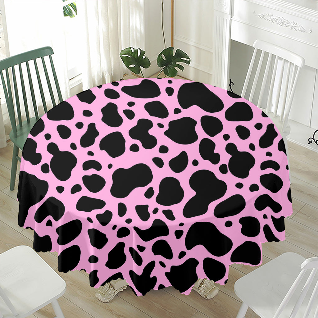 Black And Pink Cow Print Waterproof Round Tablecloth