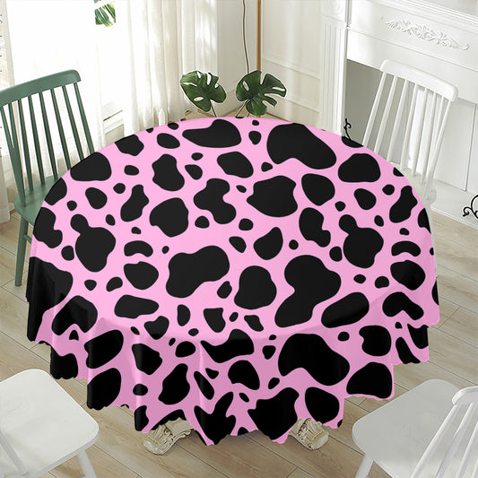 Black And Pink Cow Print Waterproof Round Tablecloth