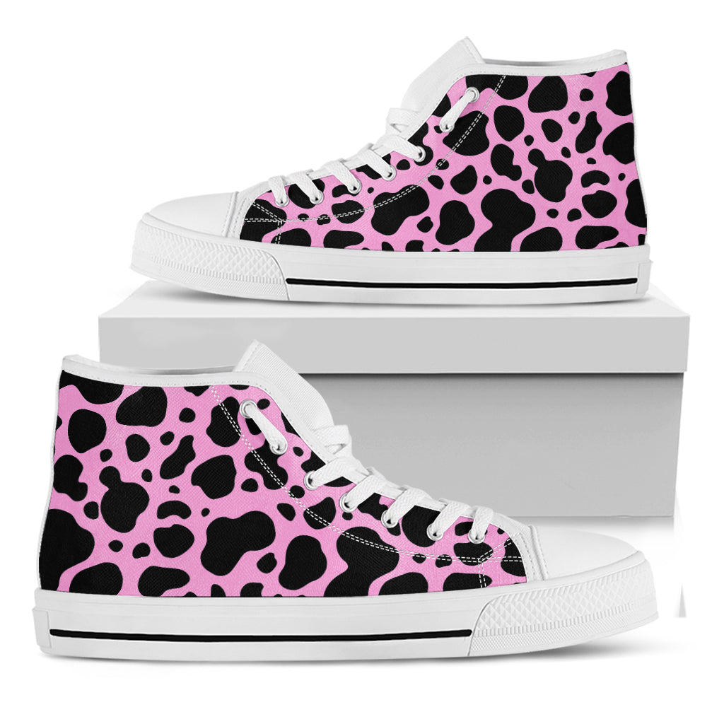Black And Pink Cow Print White High Top Sneakers