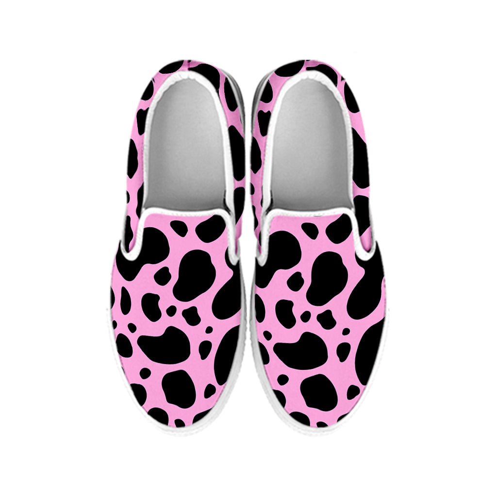 Black And Pink Cow Print White Slip On Sneakers