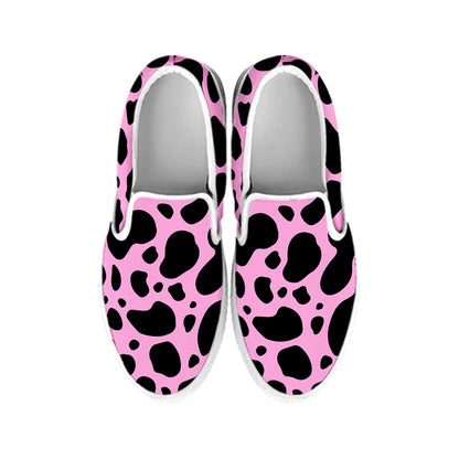 Black And Pink Cow Print White Slip On Sneakers