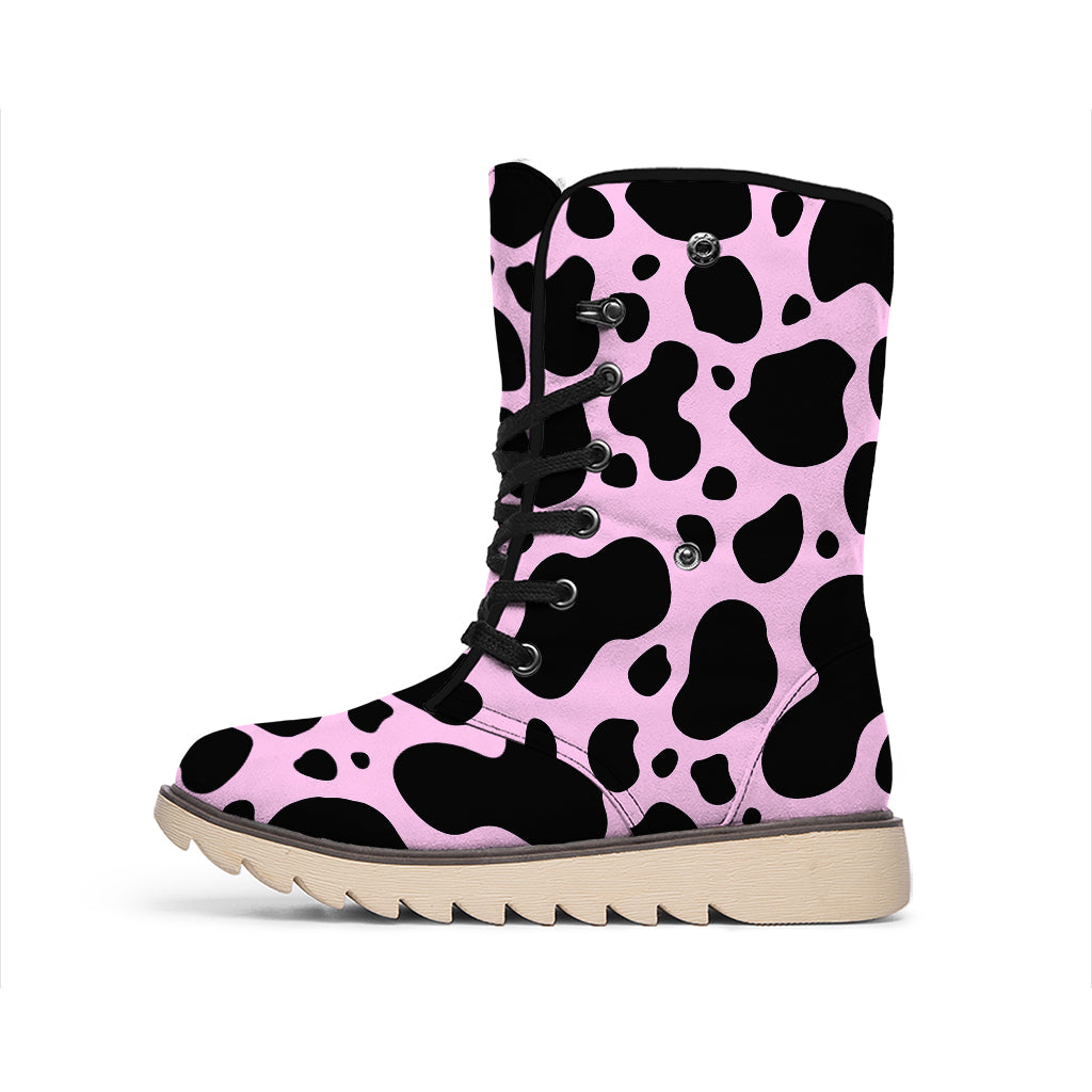 Black And Pink Cow Print Winter Boots