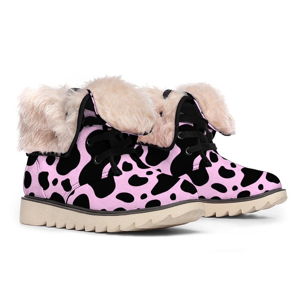 Black And Pink Cow Print Winter Boots