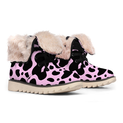 Black And Pink Cow Print Winter Boots