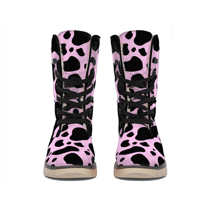 Black And Pink Cow Print Winter Boots