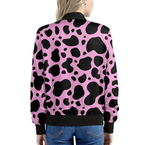 Black And Pink Cow Print Women's Bomber Jacket