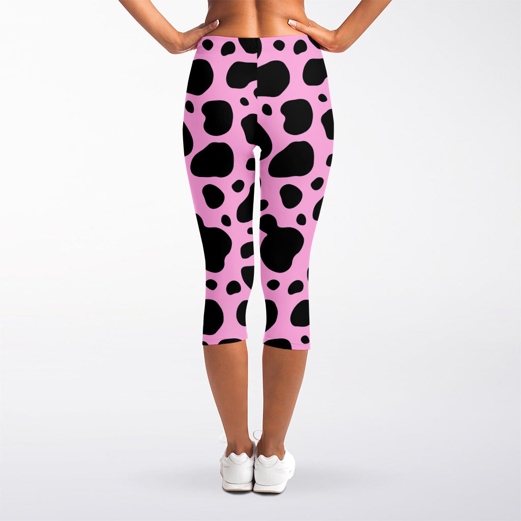 Black And Pink Cow Print Women's Capri Leggings