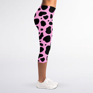Black And Pink Cow Print Women's Capri Leggings