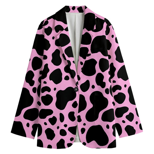 Black And Pink Cow Print Women's Cotton Blazer
