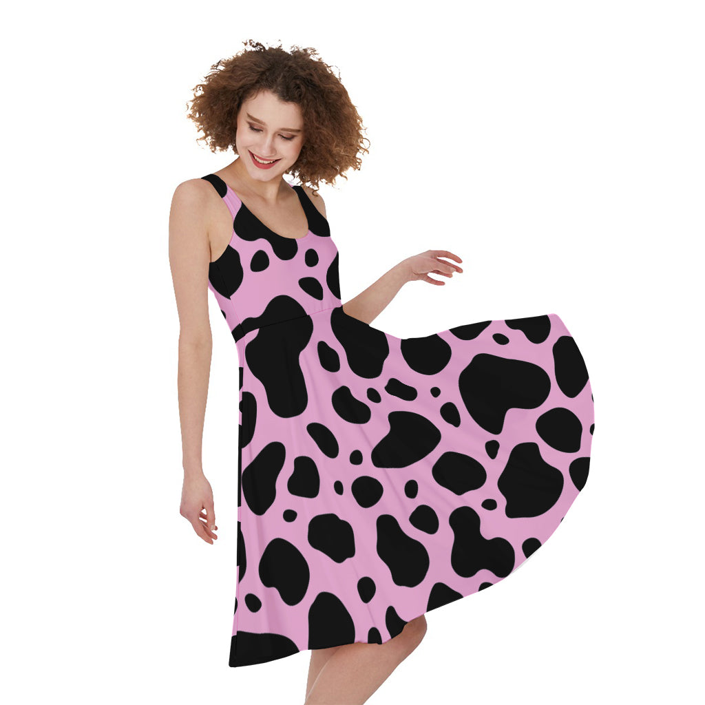 Black And Pink Cow Print Women's Sleeveless Dress