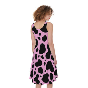 Black And Pink Cow Print Women's Sleeveless Dress