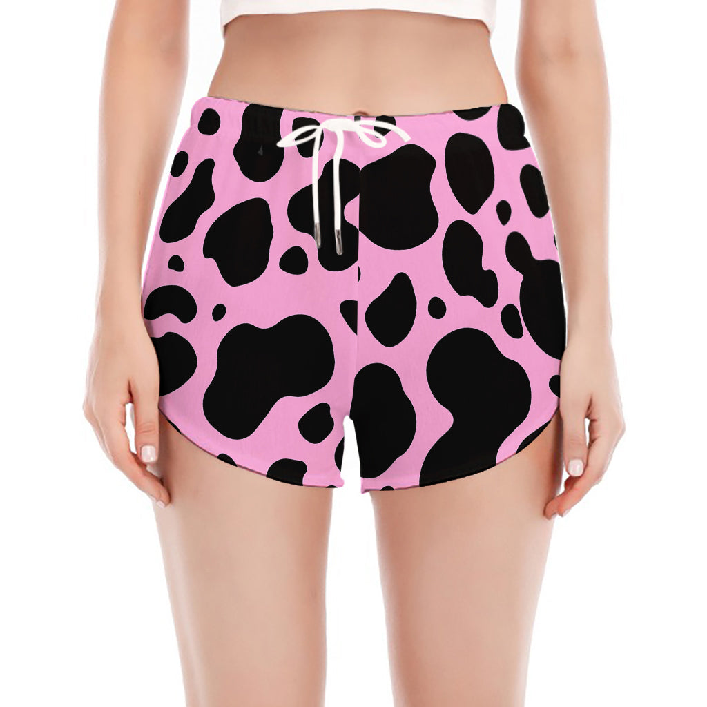 Black And Pink Cow Print Women's Split Running Shorts