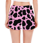 Black And Pink Cow Print Women's Split Running Shorts