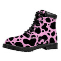 Black And Pink Cow Print Padded Collar Lace Up Boots