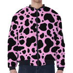 Black And Pink Cow Print Zip Sleeve Bomber Jacket