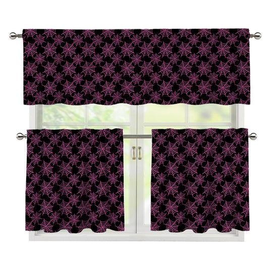 Black And Pink Spider Web Pattern Print 3 Piece Kitchen Curtains