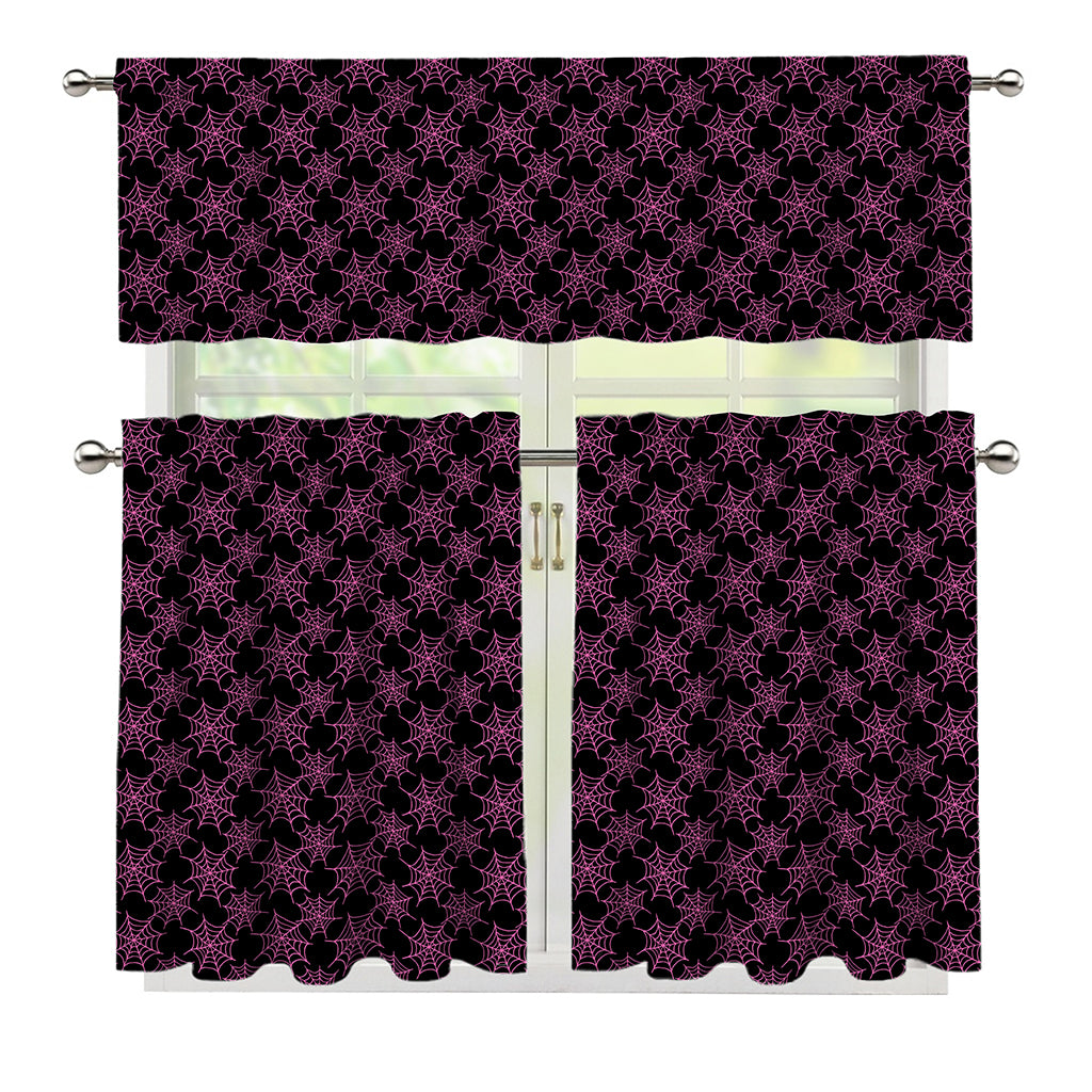 Black And Pink Spider Web Pattern Print 3 Piece Kitchen Curtains