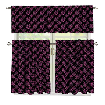 Black And Pink Spider Web Pattern Print 3 Piece Kitchen Curtains