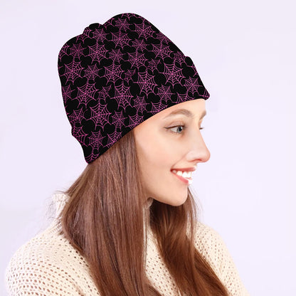 Black And Pink Spider Web Pattern Print Beanie
