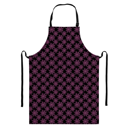 Black And Pink Spider Web Pattern Print Bib Apron With Pocket