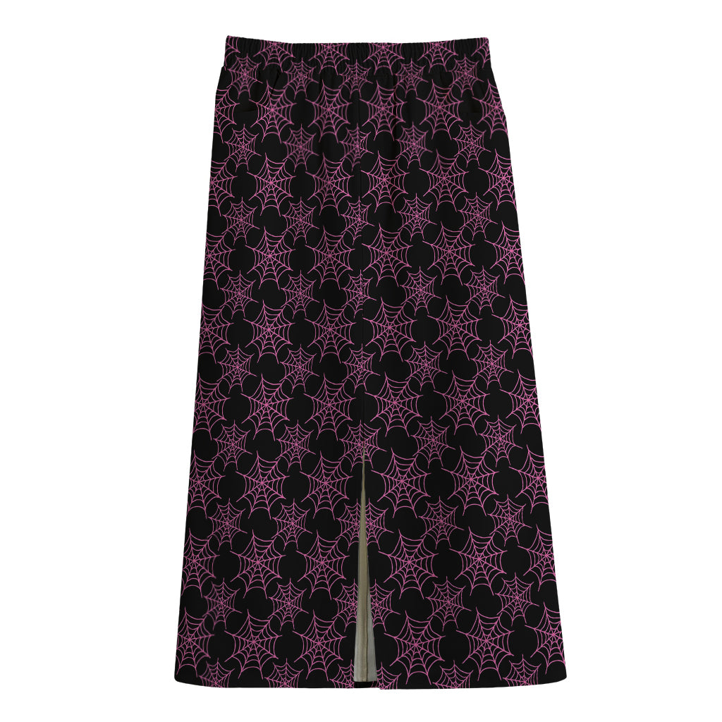 Black And Pink Spider Web Pattern Print Cotton Front Slit Maxi Skirt