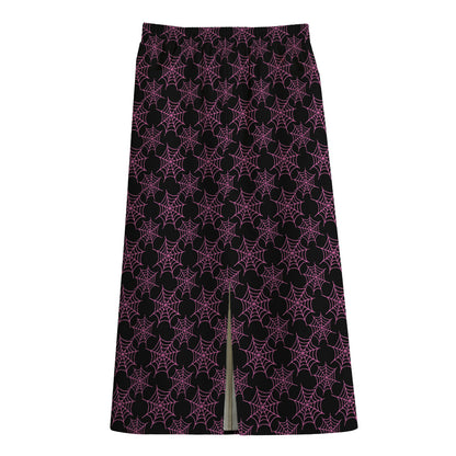 Black And Pink Spider Web Pattern Print Cotton Front Slit Maxi Skirt
