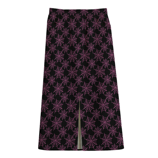 Black And Pink Spider Web Pattern Print Cotton Front Slit Maxi Skirt