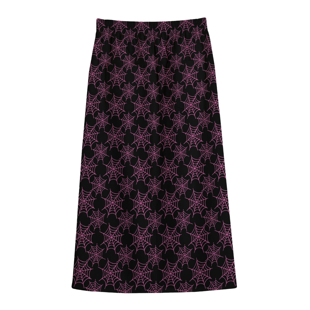 Black And Pink Spider Web Pattern Print Cotton Front Slit Maxi Skirt