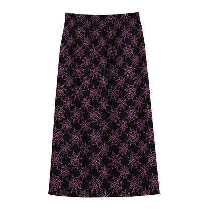Black And Pink Spider Web Pattern Print Cotton Front Slit Maxi Skirt