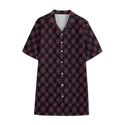 Black And Pink Spider Web Pattern Print Cotton Hawaiian Shirt
