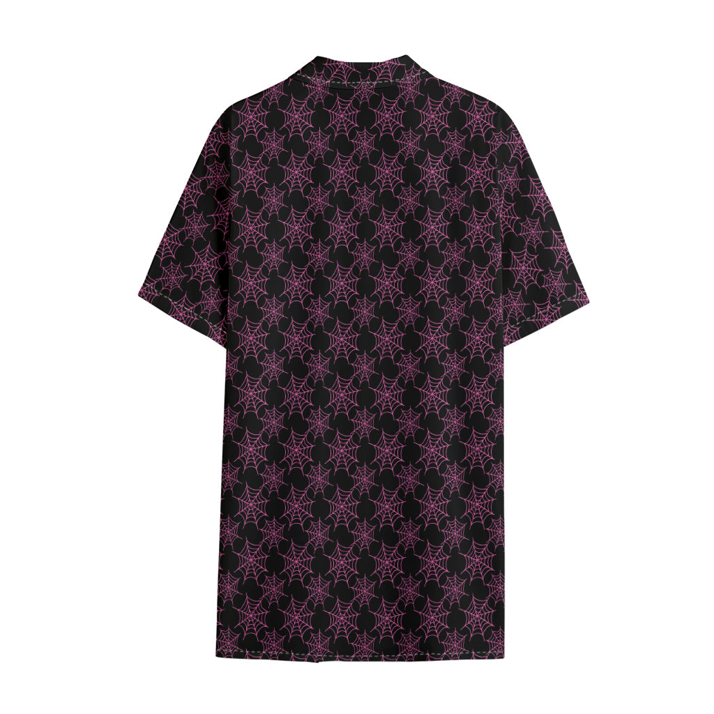 Black And Pink Spider Web Pattern Print Cotton Hawaiian Shirt