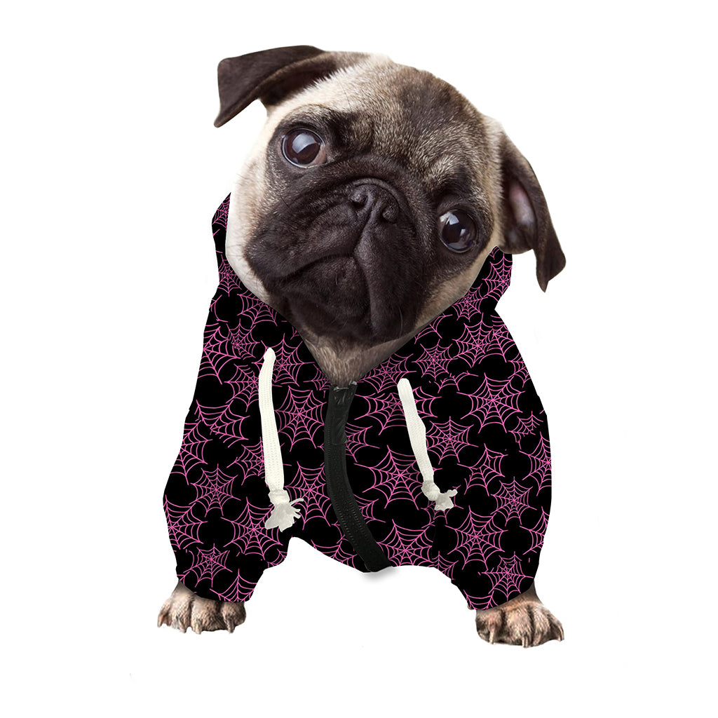 Black And Pink Spider Web Pattern Print Dog Zip Up Hoodie