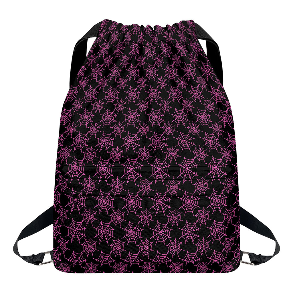 Black And Pink Spider Web Pattern Print Drawstring Backpack